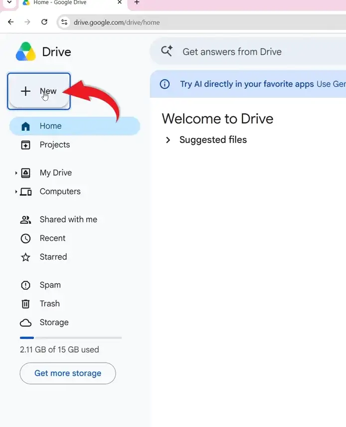 Google Drive showing the New button for opening a Microsoft Word document in Google Docs