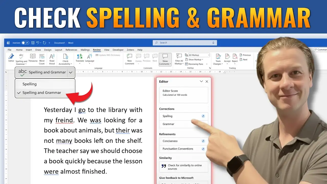 YouTube thumbnail showing how to check spelling and grammar in Microsoft Word using the Editor tool and Review tab.