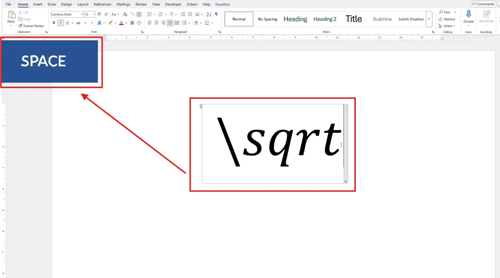 Microsoft Word Equation Editor showing \\sqrt command for type square root symbol in Word