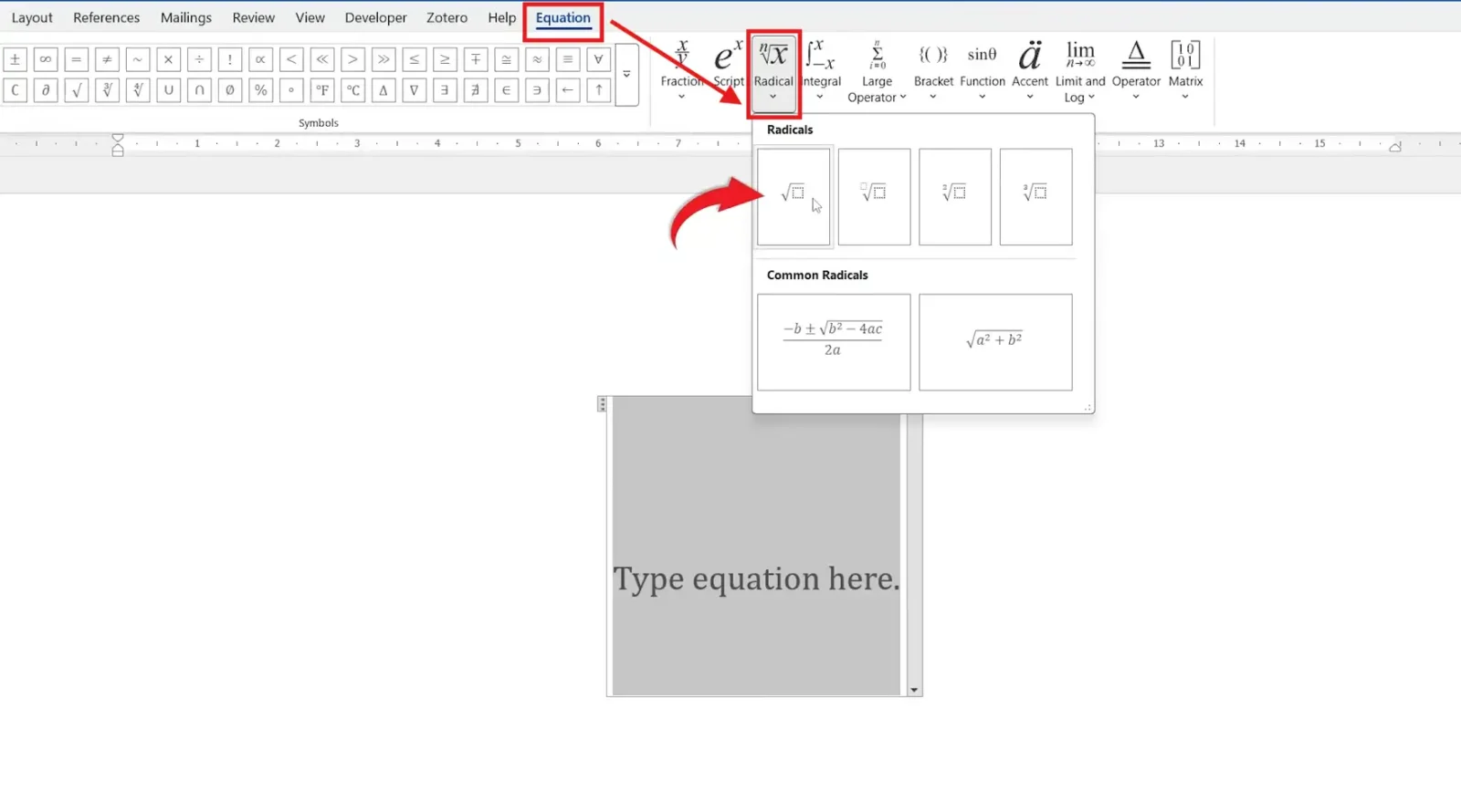 Microsoft Word Equation tab showing Radical menu for type square root symbol in Word