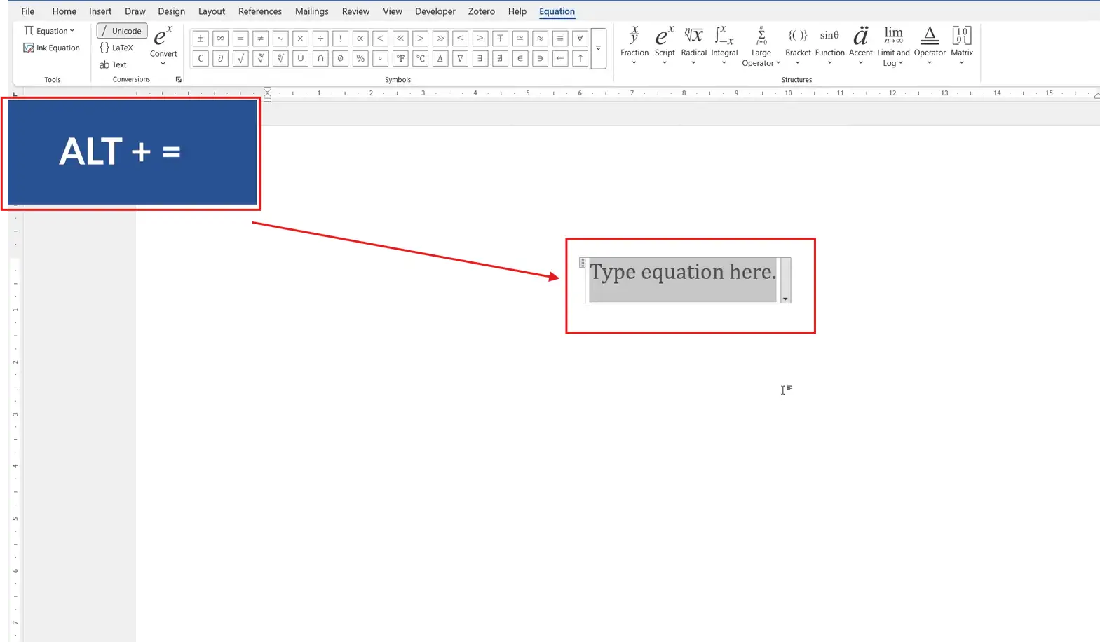 Microsoft Word equation field opened with the Alt + = keyboard shortcut for inserting equations in Word