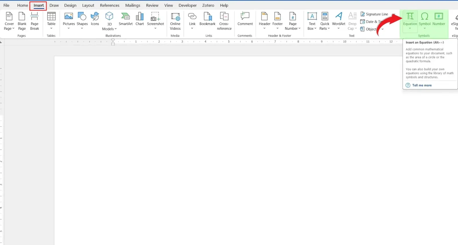 Microsoft Word Insert tab showing the Equation button in the Symbols group for how to insert equations in Word