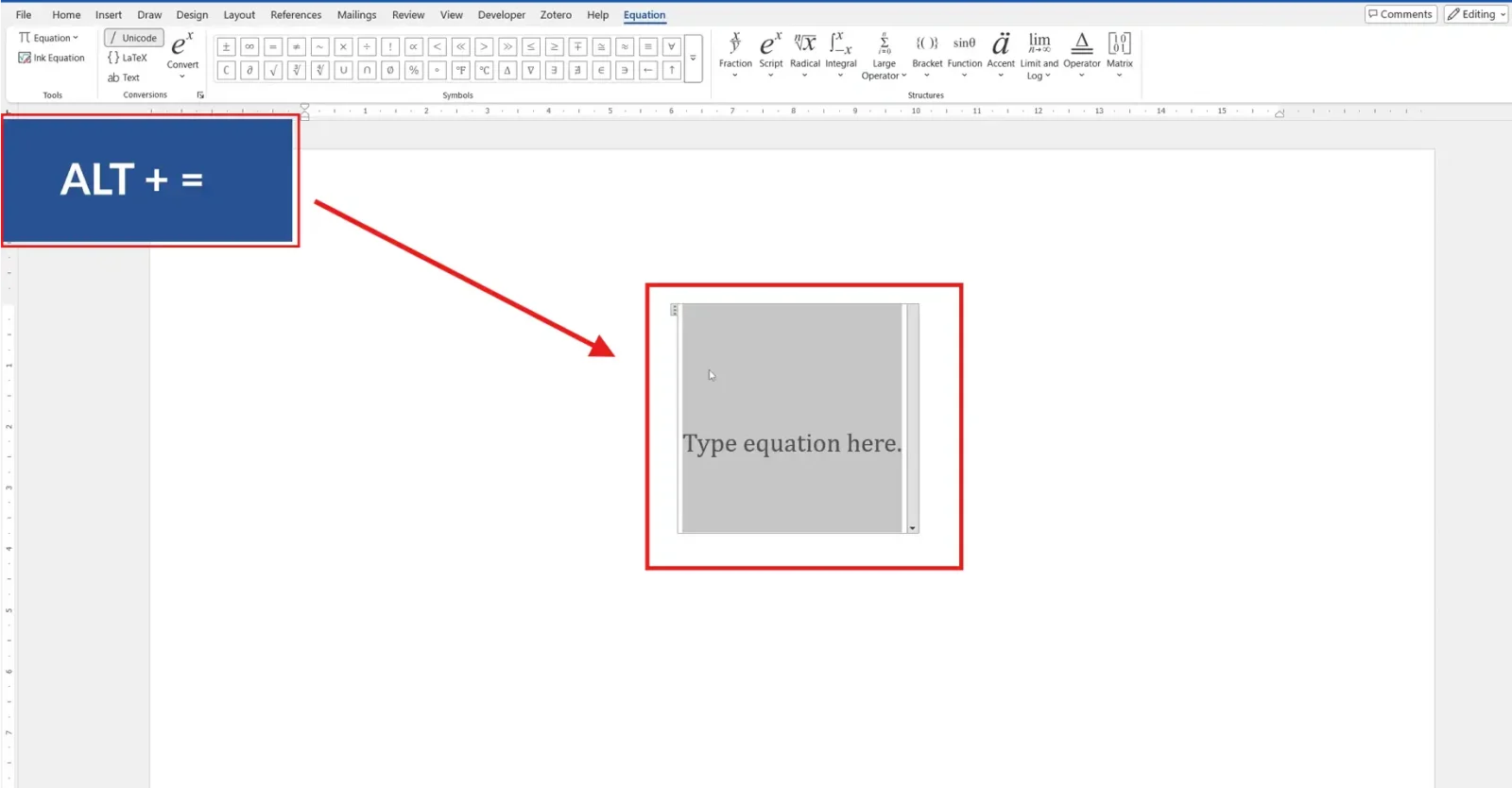 Microsoft Word Equation Editor showing Alt + = shortcut for type square root symbol in Word