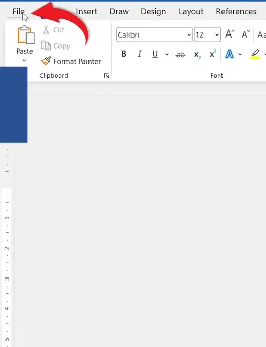 Microsoft Word File tab highlighted as the first step to recover an unsaved Word document