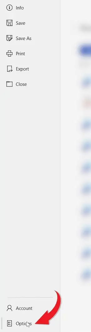 Microsoft Word File menu with the Options button highlighted to open settings to check spelling and grammar in Word
