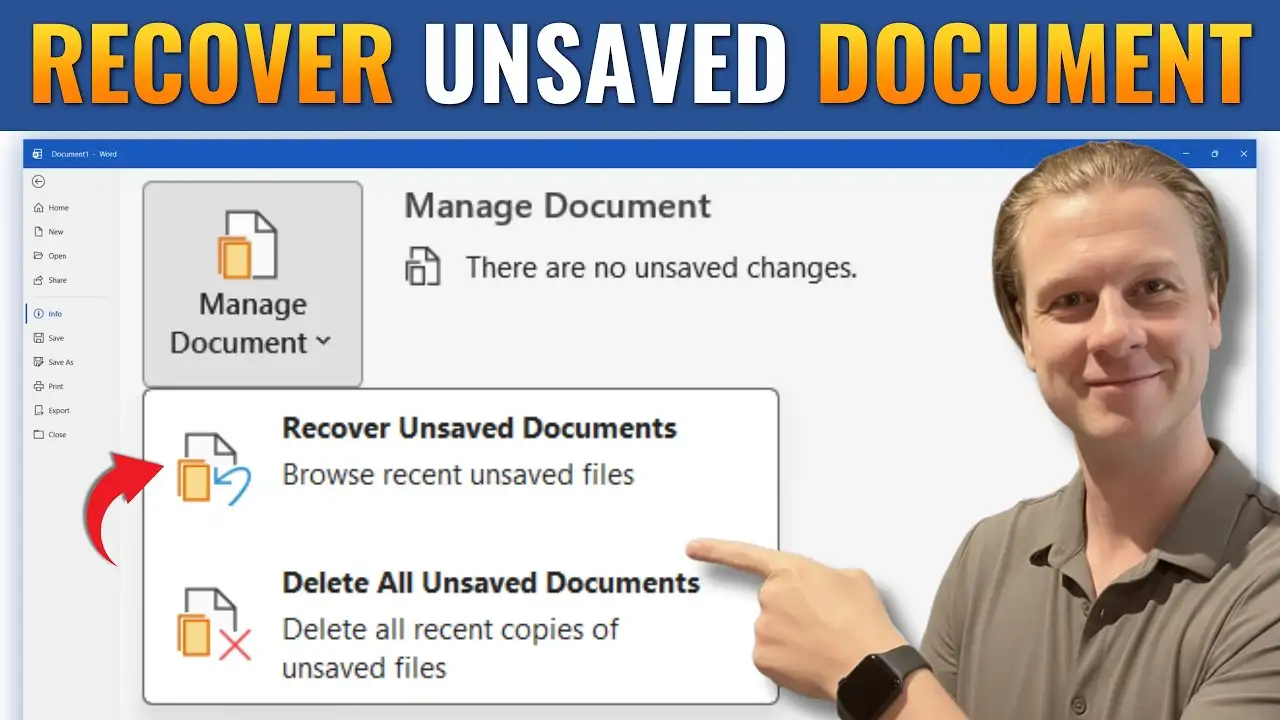 YouTube thumbnail showing how to recover an unsaved Microsoft Word document using the Manage Document and Recover Unsaved Documents options.