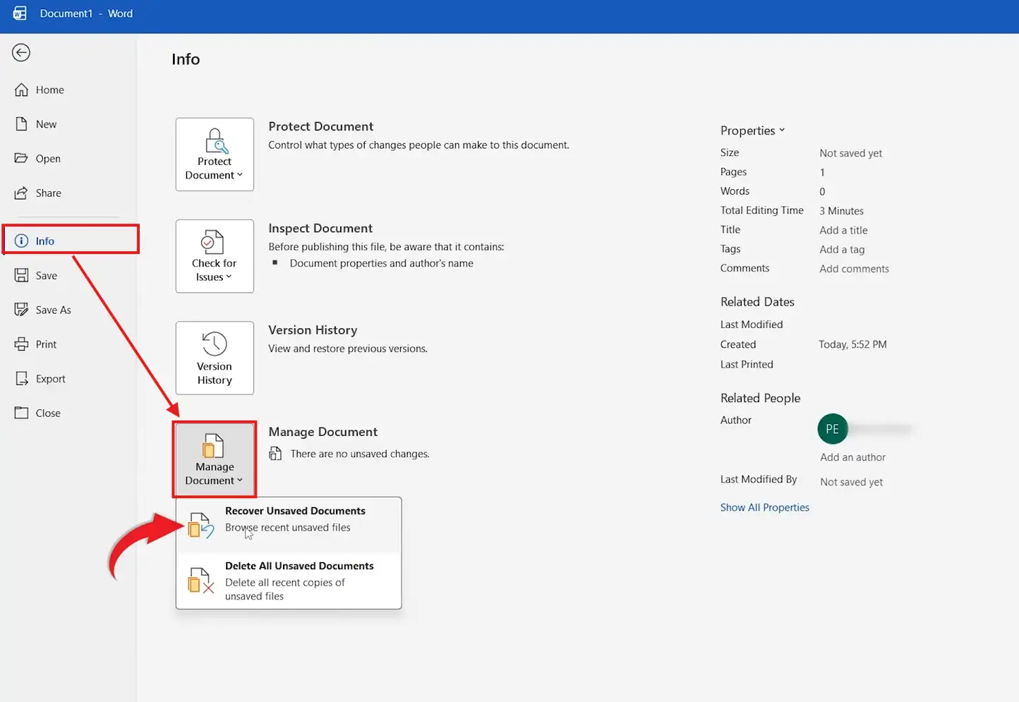Microsoft Word Info page showing Manage Document with Recover Unsaved Documents to recover an unsaved Word document