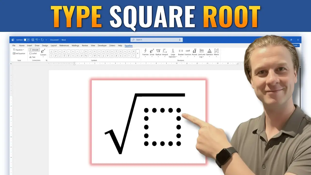 Thumbnail showing how to type a square root symbol in Microsoft Word using the Equation Editor and math symbols.