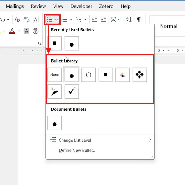 Microsoft Word Bullet Library menu showing multiple bullet style options for creating a bulleted list