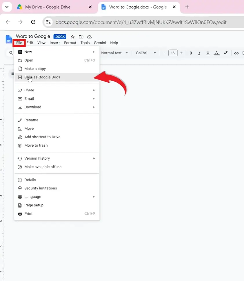 Google Docs showing Save as Google Docs for opening a Microsoft Word document in Google Docs
