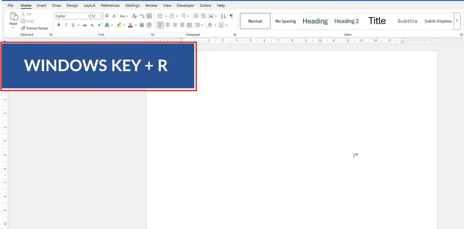 Windows Run dialog opened with the Windows + R shortcut to recover an unsaved Word document from the Temp folder